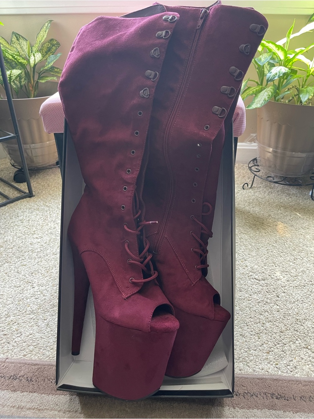 Pleaser Peep Toe Burgundy knee high boots Size 9